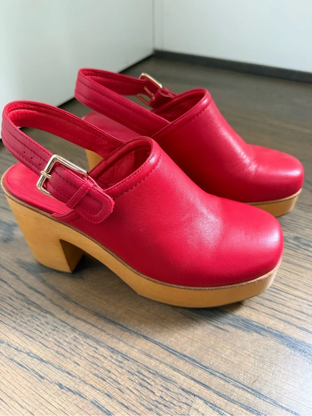 Charlotte Stone Women’s Red Leather Slingback Clog Heels size 9, like new.